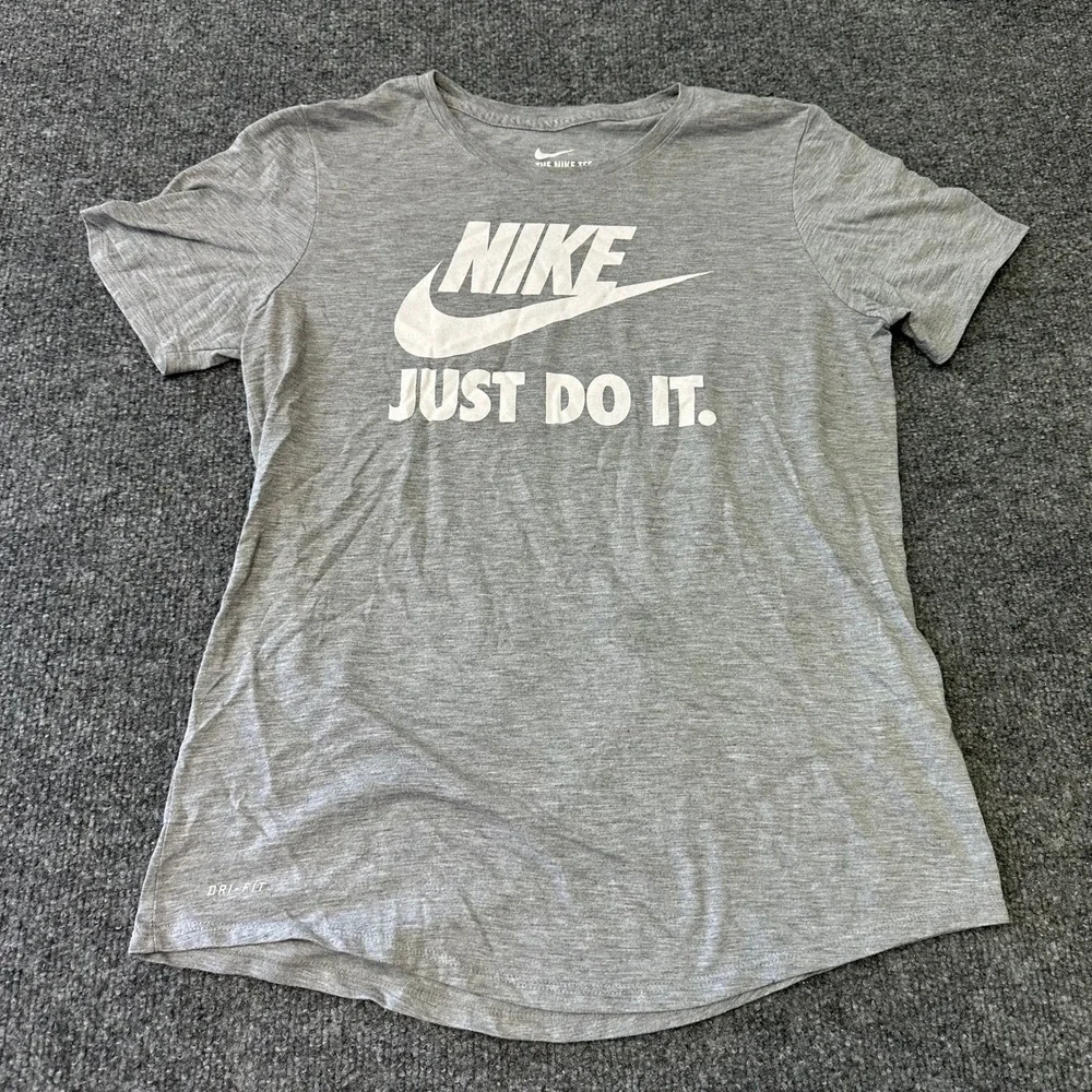 Nike T-Shirt Womens Size S Gray Dri-Fit Viscose Blend Just Do It Athletic Tee
